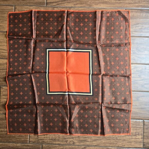 Square Scarf in Brown, Orange, Cream and Black Hand Rolled Edges Vintage - Picture 2 of 5